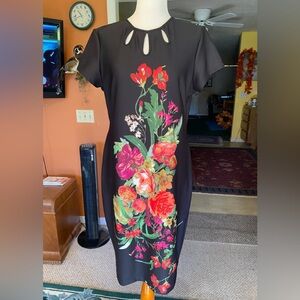 Like New! Classy Floral Design On Black Background Dress